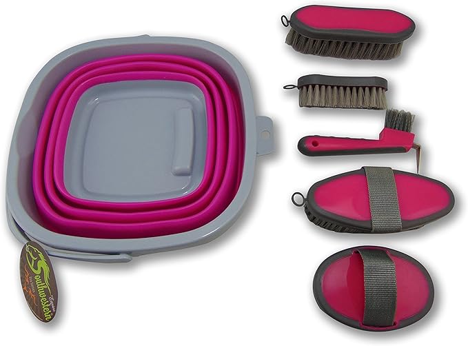Collapsible Grooming Kit 10 Liter Bucket and 5 Grooming Tools by Southwestern Equine (Pink)-PawvioPets
