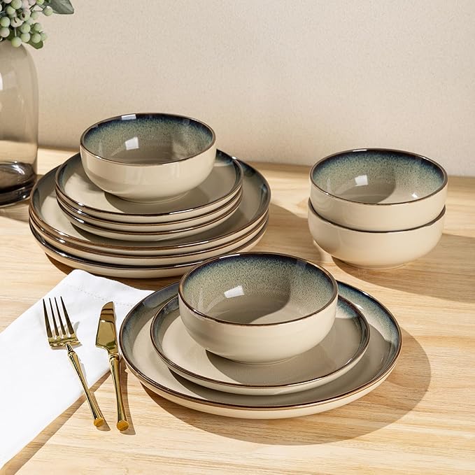 GBHOME Ceramic Dinnerware Sets for 4, 12 Pieces Stoneware Plates and Bowls Sets, Scratch Resistant Dishes, Dishwasher & Microwave Safe, Reactive Glaze-Gravel-PawvioPets