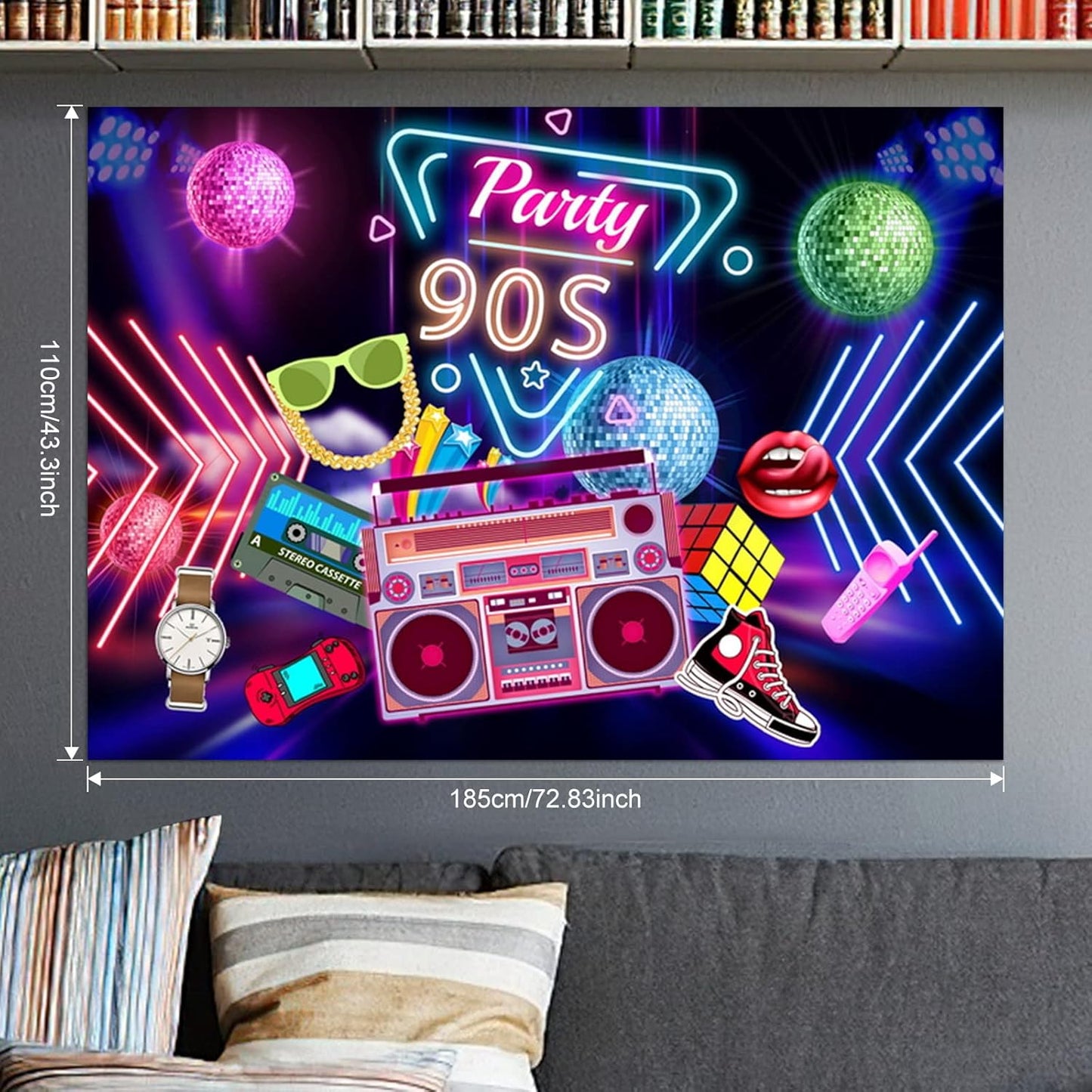90s Party Decorations 80's 90's Theme Party Bundle includes Inflatable Gitar&Mobile Phone, Back To The 90's Banner, Tablecloth, Cake Toppers, Plates, Napkins, Hip-Hop Backdrop