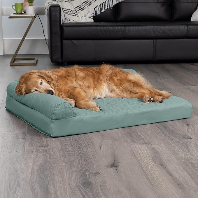 Furhaven Cooling Gel Dog Bed for Large Dogs w/ Removable Bolsters & Washable Cover, For Dogs Up to 95 lbs - Pinsonic Quilted Paw L Shaped Chaise - Iceberg Green, Jumbo/XL-PawvioPets