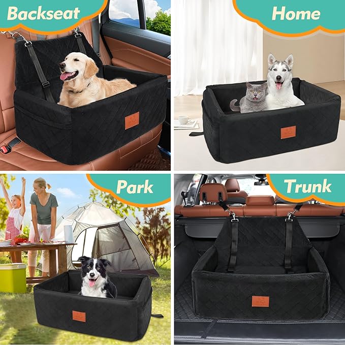 Dog Car Seat for Large Medium Dogs,Portable Washable Pet Car Seat Under 55 lbs,Dog Booster Seat with Thick Cushion,2 Safety Leashes Travel Car Dog Bed-PawvioPets