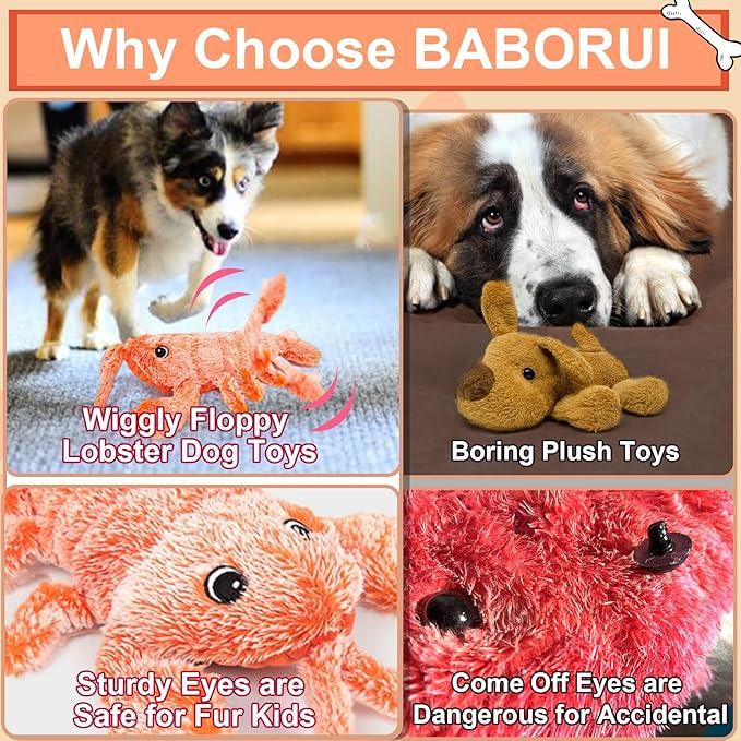 BABORUI Dog Toys, Interactive Dog Toys to Keep Them Busy, Wiggly Lobster Dog Toy for Boredom, Rechargeable Moving Dog Chew Toys for Small/Medium/Large Dogs/Puppy Toys-PawvioPets