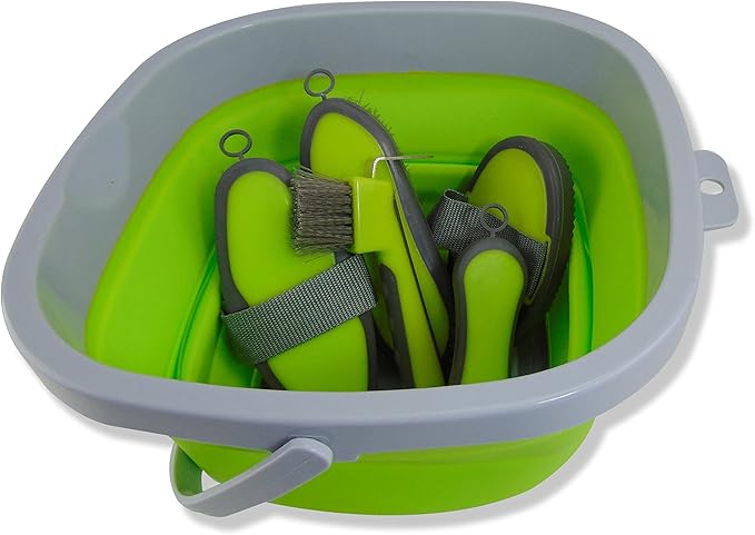 Collapsible Grooming Kit 10 Liter Bucket and 5 Grooming Tools - By Southwestern Equine (Lime Green)-PawvioPets