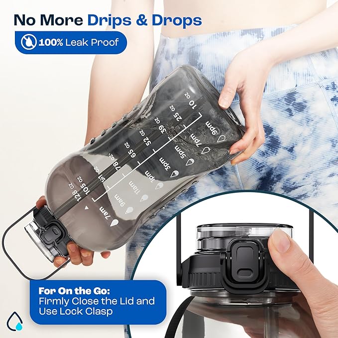 AQUAFIT 128 oz Water Bottle with Time Marker - 2in1 Straw & Chug Lid - BPA Free Big Jug with Straw - Gym Water Bottle with Strap (128 Ounces, Clarity)-PawvioPets