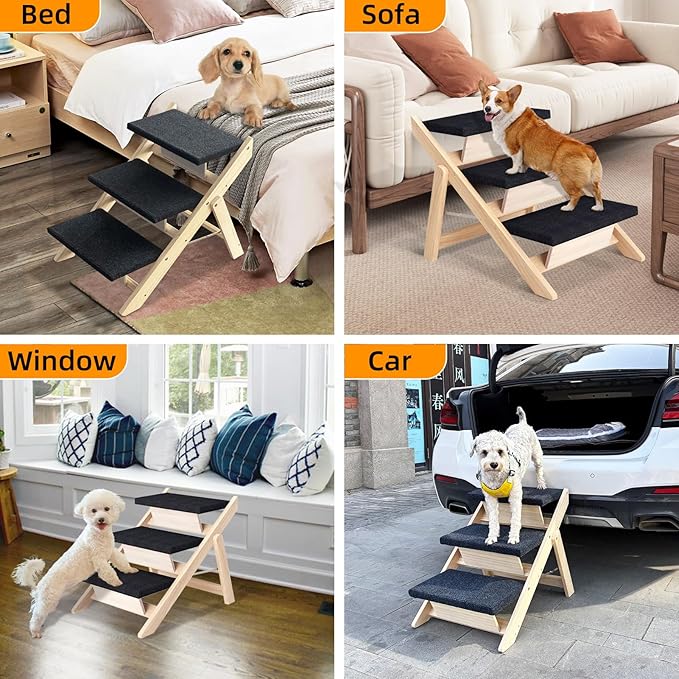 Dog Stairs/Ramp for Bed, Wooden Convertible Pet Steps, Portable Dog Ladder Up to 180 Pound for Elderly/Short-Legged Dogs, 3 Steps for Beds, Couch, Cars-PawvioPets