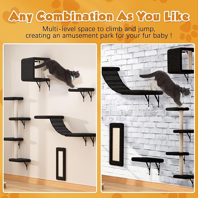 COZIWOW Wall Mounted Cat Furniture, Cat Wall Shelves and Perches, Floating Cat Shelves for Wall Set of 5 (Black)-PawvioPets