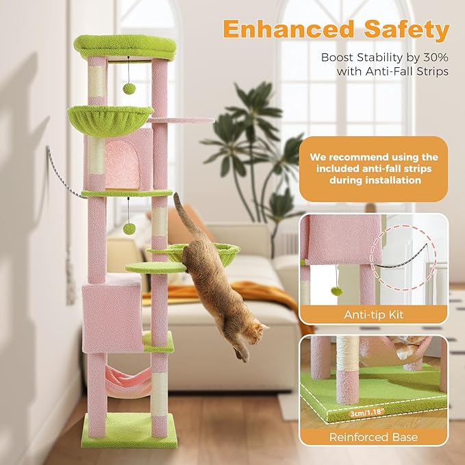 71.2" Large Cat Tree for Multi-Cat Households - Heavy-Duty 9-Level Cat Tower w/5 Sisal Scratching Posts, 2 Condos, 3 Hammocks, Extra-Large Perch & Pompoms - Space-Saving, Pink-PawvioPets
