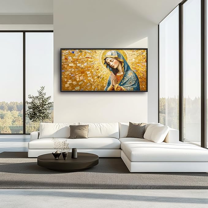 Extra Large Virgin Mary Framed Wall Art for Living Room,Oversized Golden Christian Religious Pictures Wall Decor,Canvas Print Painting Modern Artwork Bedroom Office Bathroom 60L" x 30W"-PawvioPets
