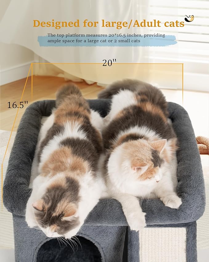 14‘’ Cat Tree Tower with Scratching Post, 20 * 16.5in Perch Bed for Large Adult Cats, Condo Cave for Indoor Small Medium Kittens, Dark Gray-PawvioPets