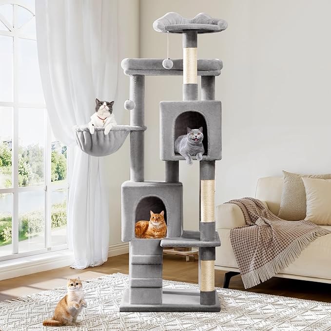 Allewie 64 Inches Cat Tree Tower/Multi-Level Activity Center for Indoor Big Felines/2 Plush Condos/2 Perchs/Basket/House/Sisal Scratching Posts/Hanging Cat Toys/Grey-PawvioPets
