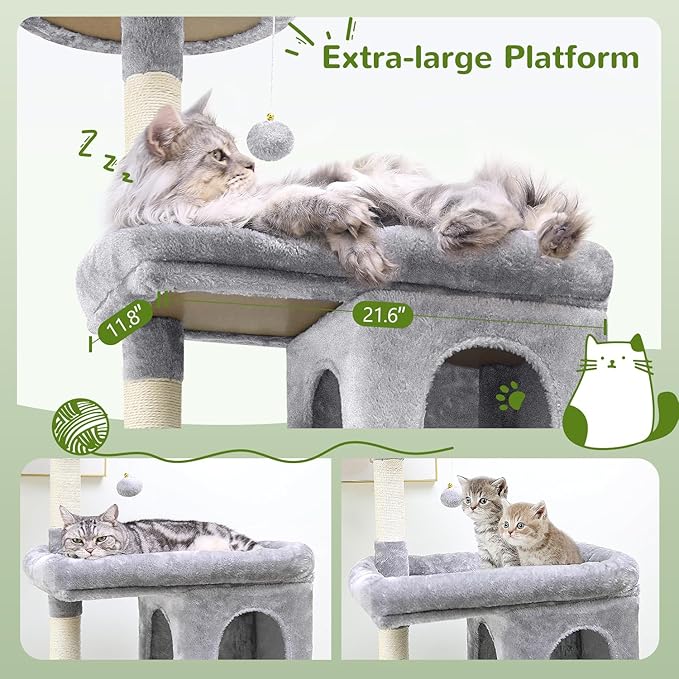 Globlazer Heavy Duty Cat Trees for Large Cats, Sturdy 72in Maine Coon Cat Tree for Large Cats 20 lbs+ Heavy Duty Cat Tower for Adult Biggest Cat with 6 Scratching Posts, Hammock, S72, Light Grey-PawvioPets