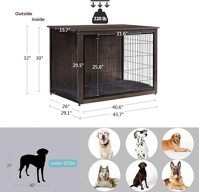 DWANTON Dog Crate Furniture with Cushion, Wooden Kennel Table with Double Doors, Indoor Dog House, Extra Large Size, 43.3" L, Dark Gray-PawvioPets