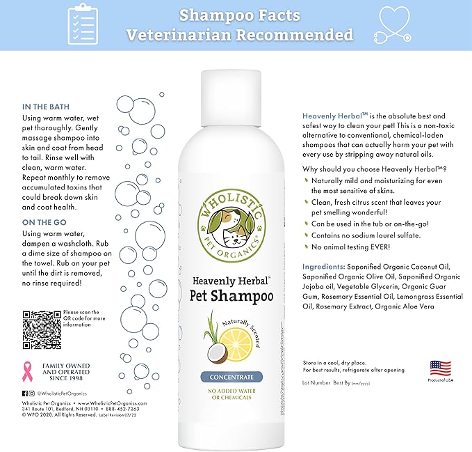 Wholistic Pet Organics Pet Shampoo Concentrate: Heavenly Herbal Organic Dog Shampoo and Conditioner - All Natural Puppy and Cat Shampoo for Dry, Itchy Skin, Allergies, Dandruff Shampoo-PawvioPets
