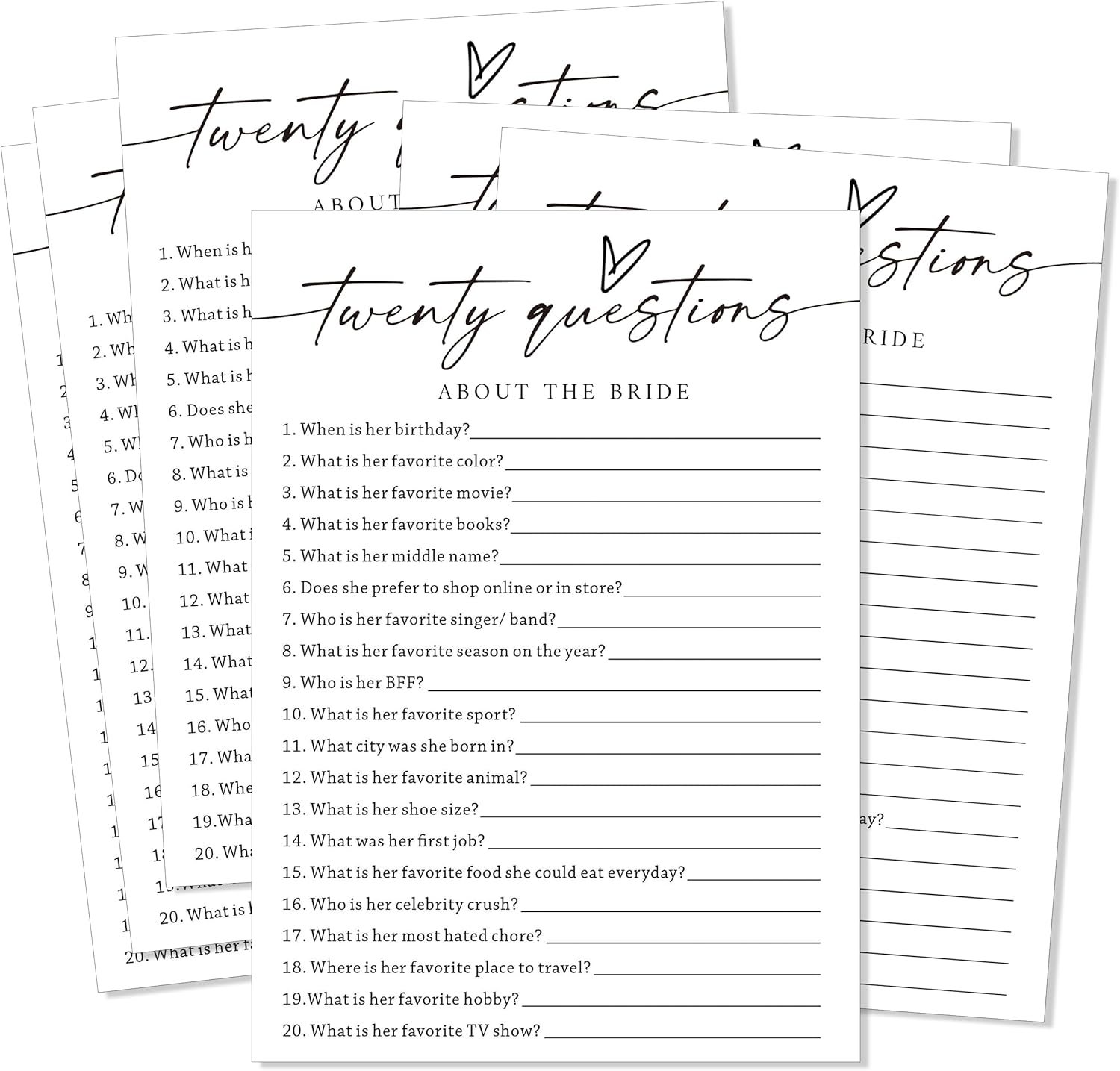 Fun Wedding Shower Games Cards, Twenty Questions About The Bride, Bridal Party Game and Favors for 25 Guests, Bridal Shower Decorations, Minimalist White Wedding Party Supplies - A07