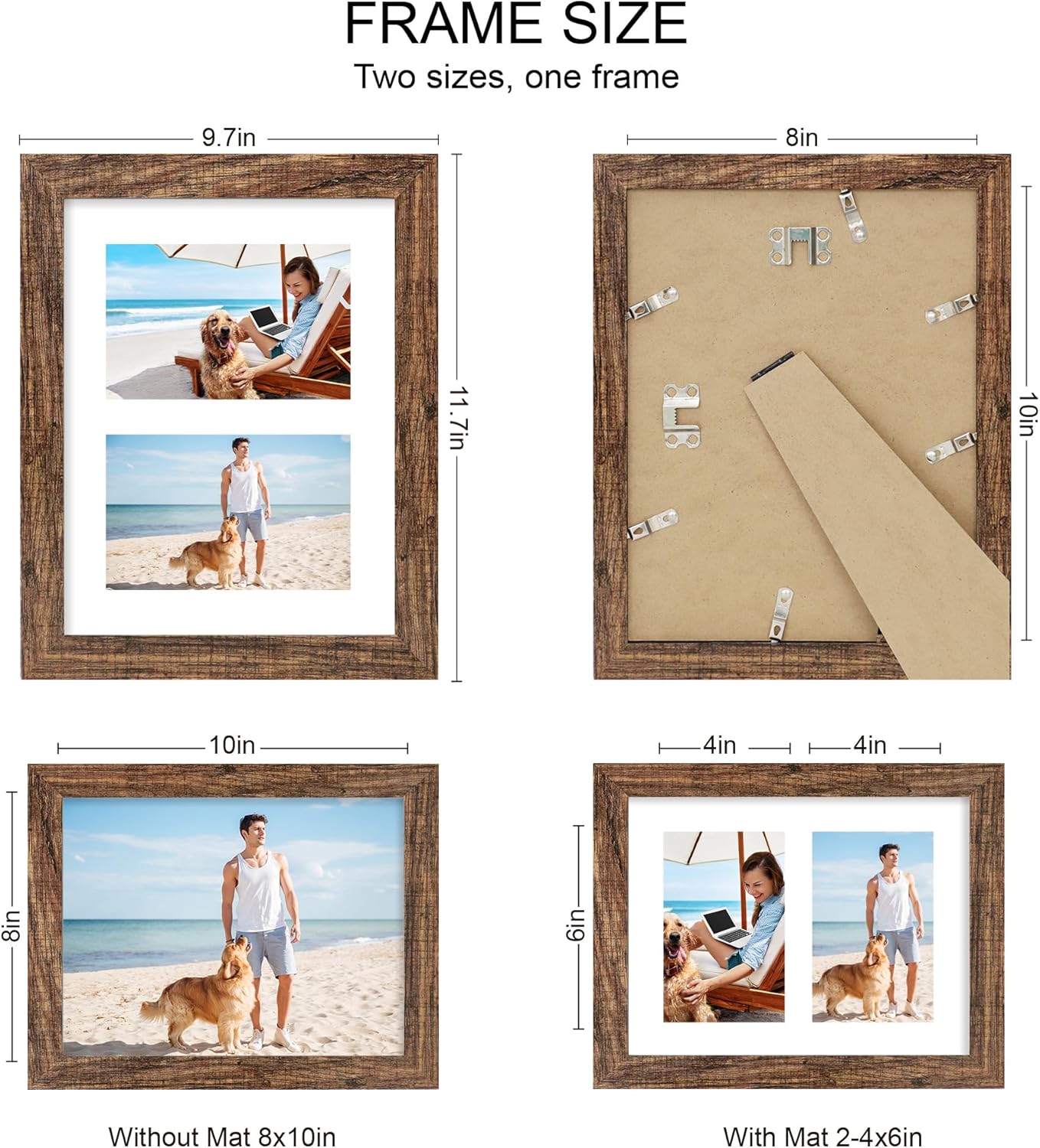 8x10 Picture Frame Set of 2, Rustic Brown Wood Frame with Glass Collage Frame, Display Pictures Two 4x6 With Mat or 8 x 10 Without Mat - Horizontal or Vertical Wall Mounting