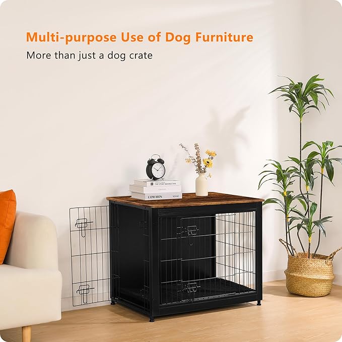 DWANTON Dog Crate Furniture with Cushion, Wooden Kennel Table with Double Doors, Indoor Dog House, Medium Size, 32.5" L, Black+Rustic Brown-PawvioPets