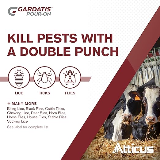 Atticus Gardatis Pour-On Insecticide with IGR (1/2 Gal) - Control Lice, Flies, and Ticks on Cattle and Horses - (Compare to Clean-Up II) - Permethrin 5.0% and Diflubenzuron 3.0%-PawvioPets