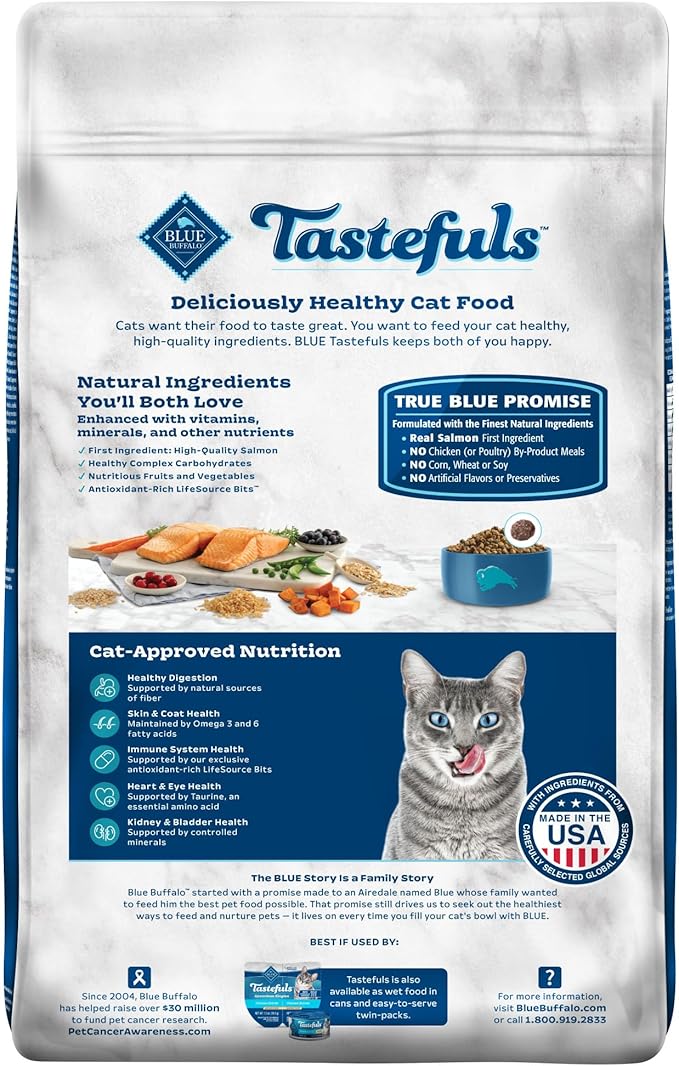 Blue Buffalo Tastefuls Natural Dry Food for Adult Indoor Cats, Salmon & Brown Rice Recipe, 15-lb. Bag-PawvioPets