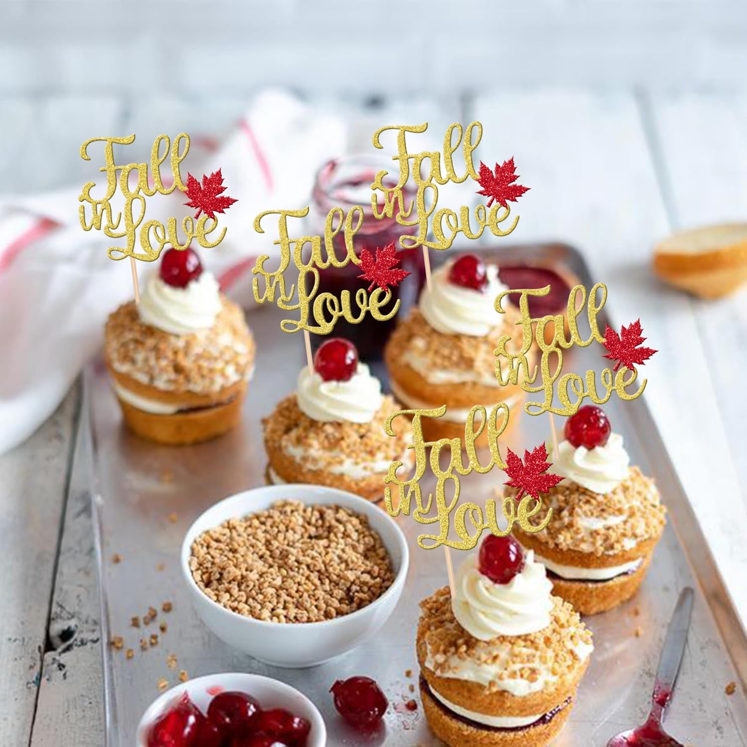 24 PCS Fall in Love Cupcake Toppers Glitter Maple Leaf Fall Theme Bridal Shower Cupcake Picks Wedding Engagement Cake Decorations for Autumn Wedding Anniversary Bridal Shower Party Supplies Gold