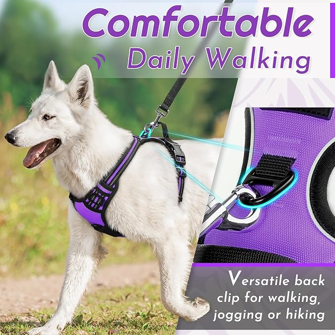 Eagloo Dog Harness for Large Dogs, No Pull Service Vest with Reflective Strips and Control Handle, Adjustable and Comfortable for Easy Walking, No Choke Pet Harness with 2 Metal Rings, Purple, L-PawvioPets