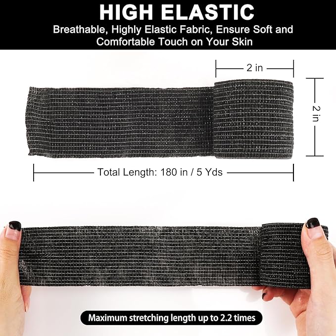 24 Pack Self Adhesive Bandage Wrap, 2” x 5 Yards Elastic Cohesive Bandage Wrap Black Athletic Tape Grip Tape for Ankle, Wrist Sprains, Sports Injuries & Pet First Aid | Medical Sports Tape-PawvioPets