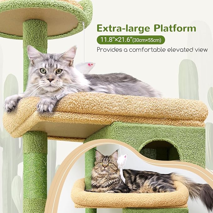 Globlazer Heavy Duty Cactus Cat Tree for Large Cats, Sturdy 72in Maine Coon Cat Tree for Large Cats 20 lbs+ Cactus Cat Tower for Adult Biggest Cats with 6 Scratching Posts, Hammock, S72, Green-PawvioPets