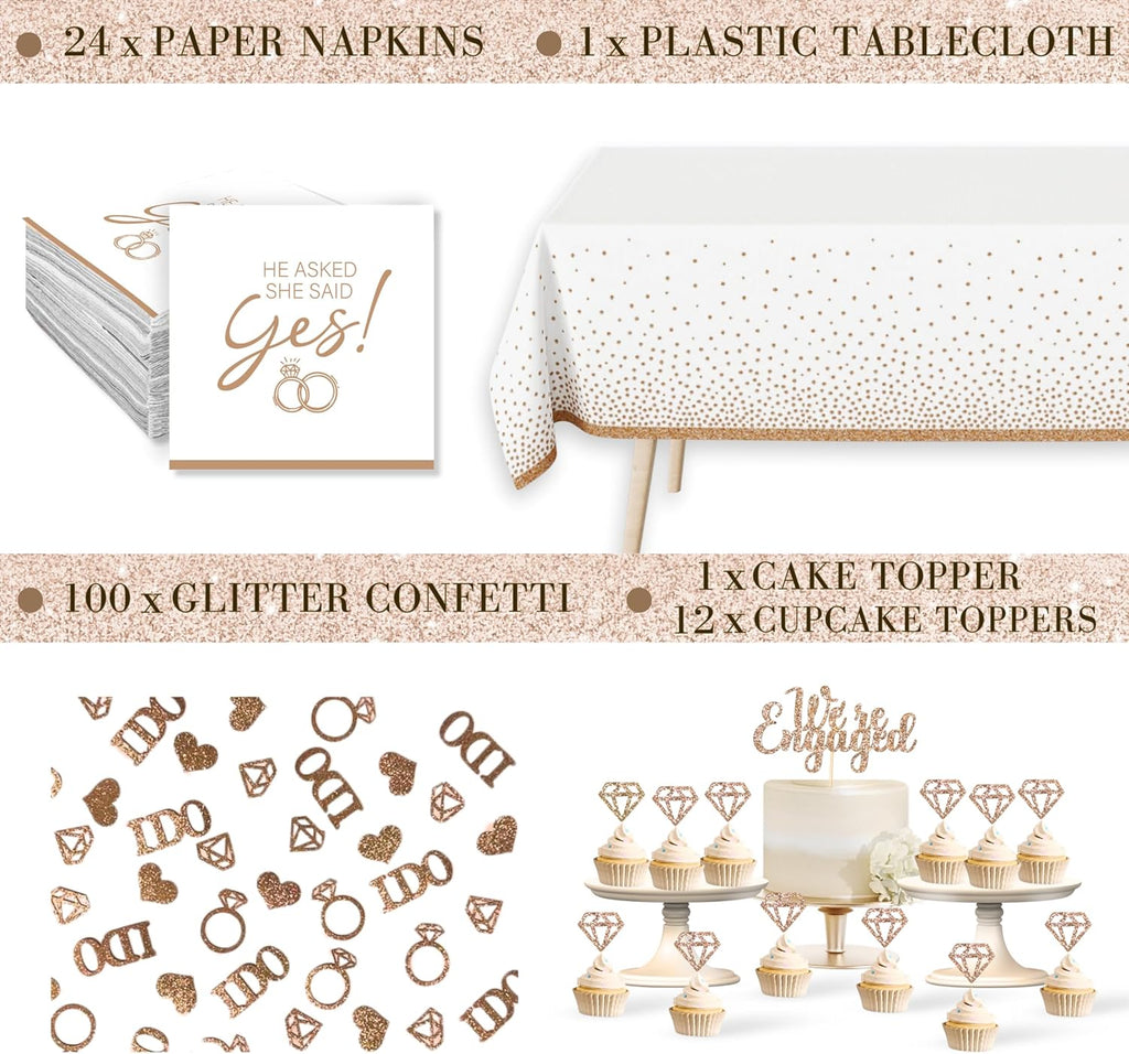 261 Pc Premium Engagement Party Decorations Kit – Elegant Mr. & Mrs. Wedding Balloons, Happy Engagement Banner, Diamond Ring White Gold Balloons, Cupcake Toppers – Classy Bride To Be Decor