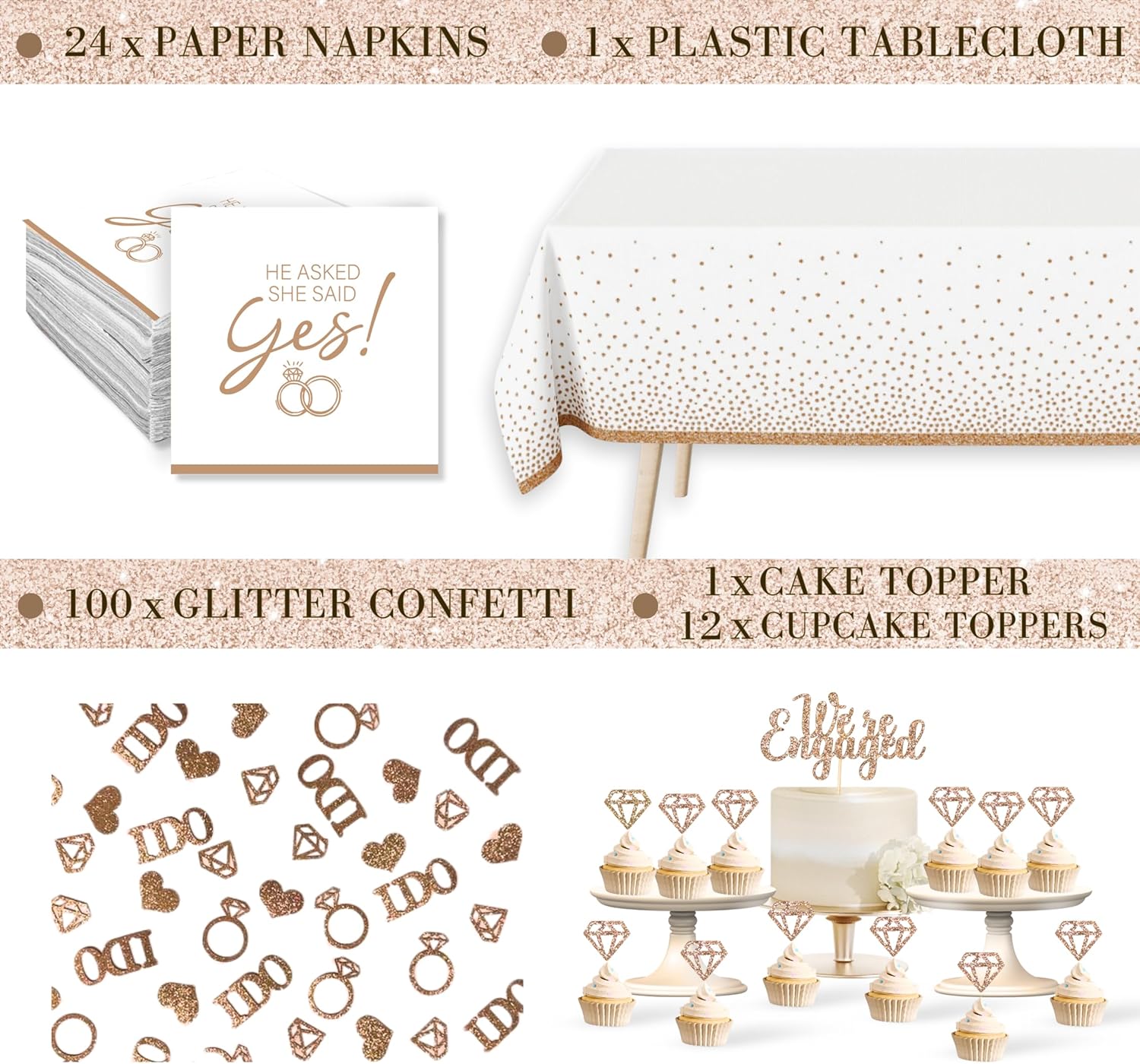 261 Pc Premium Engagement Party Decorations Kit – Elegant Mr. & Mrs. Wedding Balloons, Happy Engagement Banner, Diamond Ring White Gold Balloons, Cupcake Toppers – Classy Bride To Be Decor