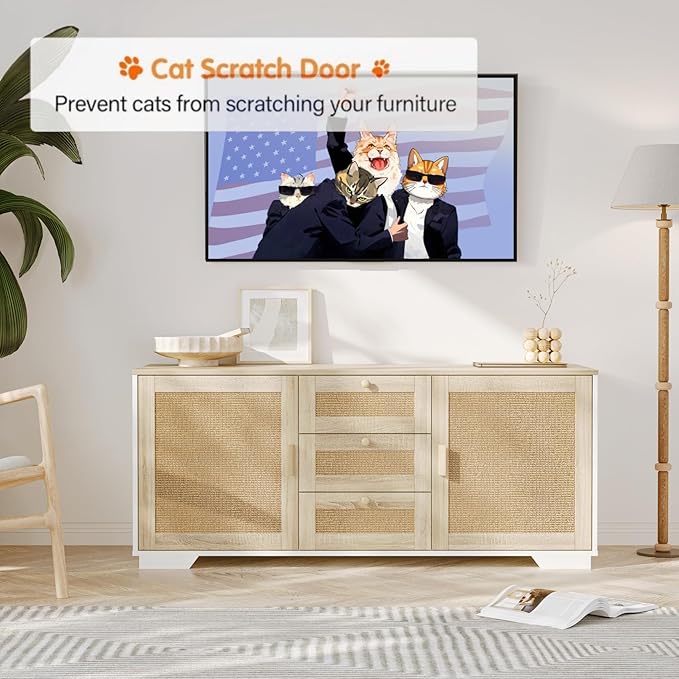 Cat Litter Box Enclosure Furniture Hidden Indoor 2-in-1 Wooden Cat & Washroom Cabinet with Scratching Board Doors and 3 Drawer for 2 Cats, 55"x20"x24"H-PawvioPets
