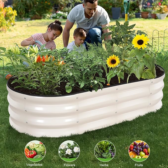Galvanized Raised Garden Bed Outdoor - 4×2×1ft Planter Raised Beds for Gardening | Oval Metal Garden Planter Box with Safety Edging and Gloves for Vegetables Fruits and Flowers - White-PawvioPets