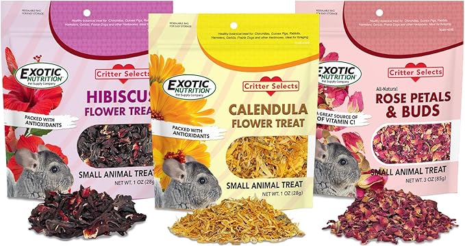 Exotic Nutrition Flower Treat 3 Pack - Healthy Assortment - Hibiscus, Calendula, Rose - for Squirrels, Guinea Pigs, Rabbits, Chinchillas, Prairie Dogs, Degus, Hamster, Gerbils, & Other Herbivores-PawvioPets