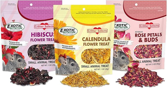 Exotic Nutrition Flower Treat 3 Pack - Healthy Assortment - Hibiscus, Calendula, Rose - for Squirrels, Guinea Pigs, Rabbits, Chinchillas, Prairie Dogs, Degus, Hamster, Gerbils, & Other Herbivores-PawvioPets