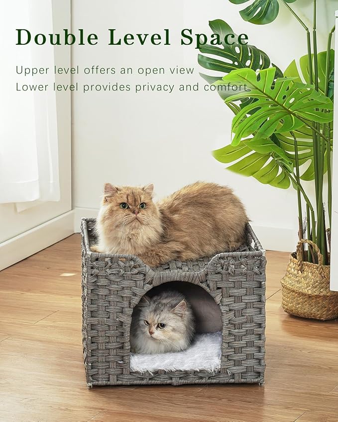 Cat Beds Indoor Kitten House, Handwoven Rattan Cat Cave Pet Cube, Large Cat Houses, One Bed Mat, Foldable, Hideaway, 16.5x16.5x13.2 Inches, 2 S-Shaped Hooks in Living Room Bedroom Gray-PawvioPets