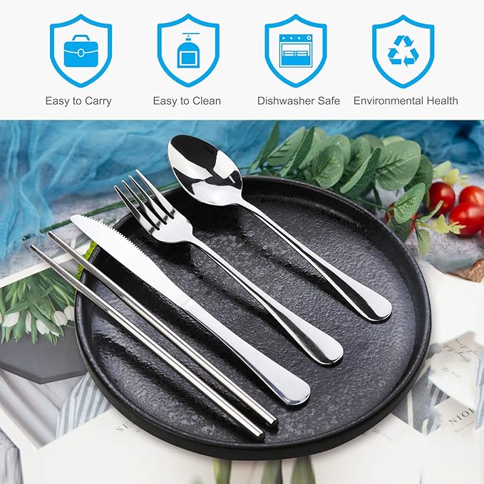 10PCS Portable Silverware Set with Case, Lengnoyp Travel Camping Utensils Set, Premium Stainless Steel Travel Cutlery Set, Reusable Safe Flatware Sets for Lunch Box/Workplace/Students, Silver-PawvioPets