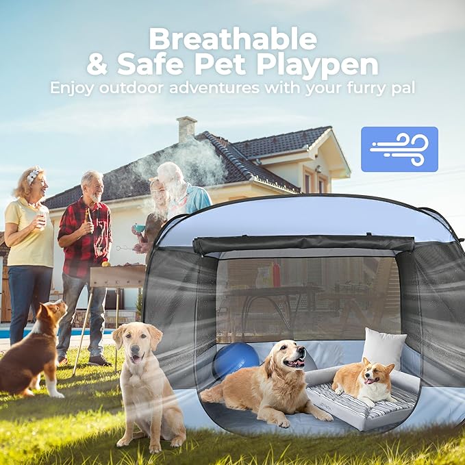 EighteenTek XLarge Popup Portable Dog Houses, 5.3'x4'H Assembly-Free Gazebo-Style Dog Cot Cat Playpen Screen Pet Tent Sun Shade Shelter Dog Bed with Canopy for Outdoor, Anti-Bugs with Leakproof Bottom-PawvioPets