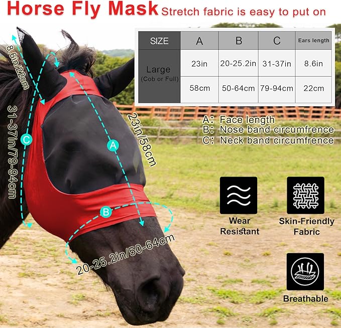 2 Piece Horse Fly Mask with Ears, Comfortable Fit Stretch Fabric Big Eye Space Soft Breathable with UV Protection for Full Horses (Red-Black)-PawvioPets