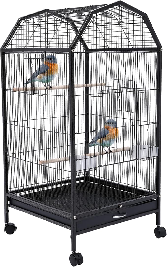 40-Inch Wrought Iron Bird Cage with Open-Top and Rolling Stand, Movable Parrot Cage Pet Bird Flight Cage, 360 Degree View Spacious Interactive Roof Pet Bird House for Medium&Small Birds-PawvioPets