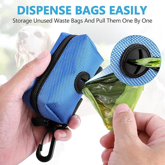 Dog Waste Bag Dispenser Pet Poop Bags Holder for Doggie Waste Bags Dispensers Soft Fabric Zipper Small Doggy Puppy Pouch for Leash Accessory Attachment with Carrier,Blue-PawvioPets