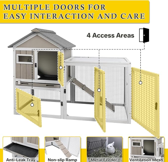 47''L Rabbit Hutch Outdoor Chicken Coop with Run, Wooden Indoor 2 Story Bunny House with Waterproof Roof, Pull Out Tray, Guinea Pig Rabbit Duck Cage for Small to Medium Animals and Pet Lover, Gray-PawvioPets