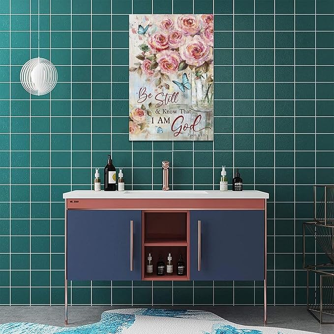 Farmhouse Rose Wall Art Christian Scripture Pictures Pink Rose Wall Decor Rustic Floral Butterfly Canvas Print Painting Artwork for Bathroom Living Room Bedroom 16"x24"-PawvioPets