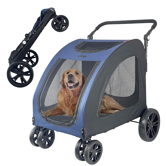 Extra Large Dog Stroller for Medium & Large Pets - Foldable Design, Adjustable Handle, Up to 130 lbs(Blue)-PawvioPets