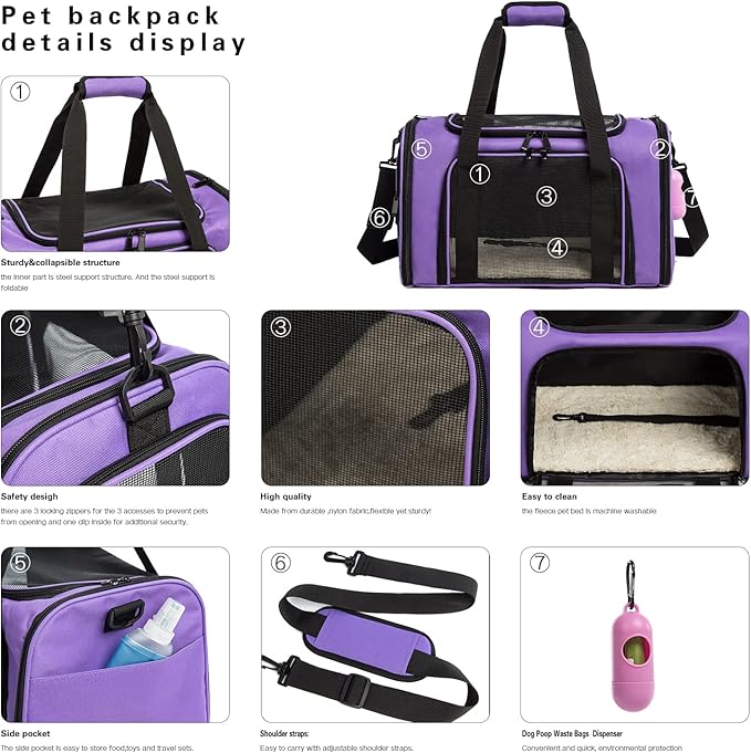 Cat Carrier Dog Carrier Pet Carrier Cat Bags for Small Medium Cats Dogs Puppies of 15 Lbs,of Airline Approved Small Dog Bag Soft Sided,Collapsible Travel Puppy Carrier (Large, Purple)-PawvioPets