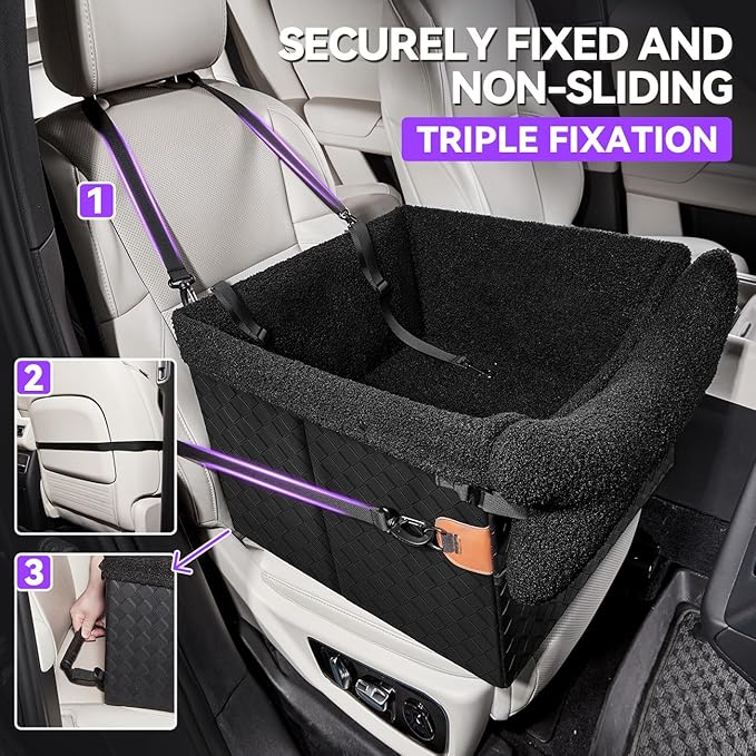 Dog Car Seats for Small Medium Dogs,PU Leather Car Seat Boosters,Foldable Puppy Cat Carseats (Black, Medium Dog)-PawvioPets