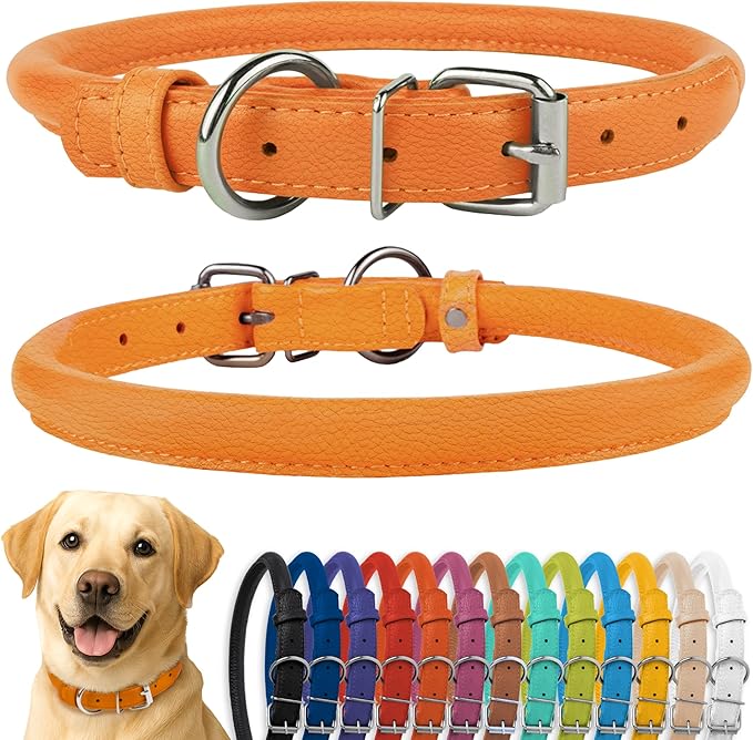 CollarDirect Rolled Leather Dog Collar, Soft Padded Round Puppy Collar, Handmade Genuine Leather Collar Dog Small Large Cat Collars 13 Colors (15-19 Inch, Orange Textured)-PawvioPets