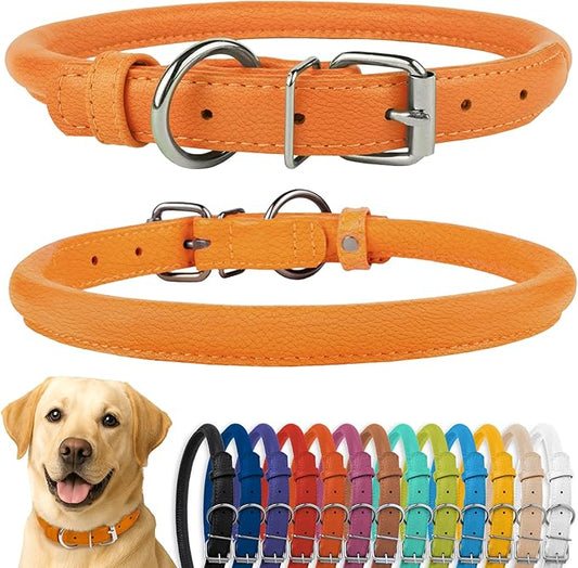 CollarDirect Rolled Leather Dog Collar, Soft Padded Round Puppy Collar, Handmade Genuine Leather Collar Dog Small Large Cat Collars 13 Colors (15-19 Inch, Orange Textured)-PawvioPets