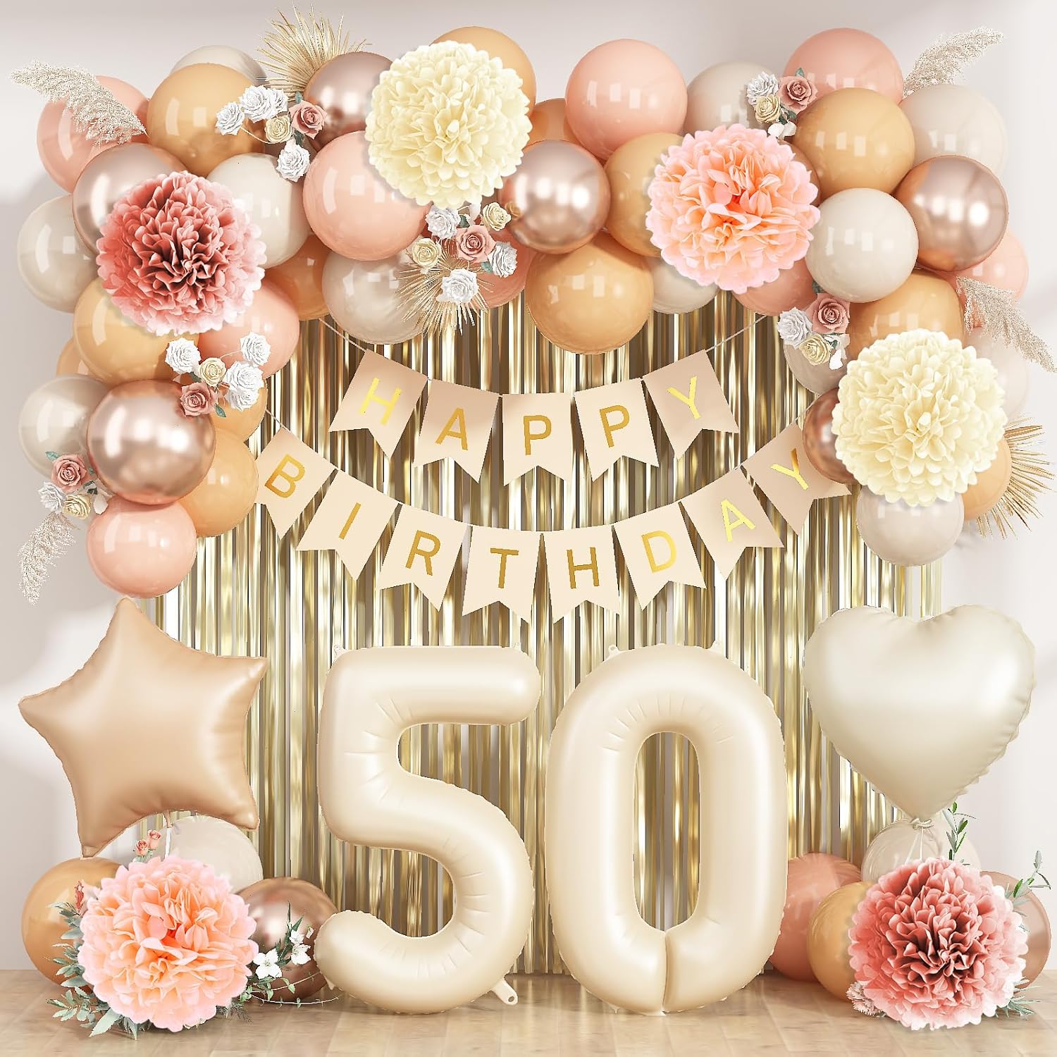 Beige 50th Birthday Decorations for Women Cream Number 50 Balloon Nude Gold Happy Birthday Banner Fringe Curtain Paper Pom Poms Blush White Sand Champagne Star Foil Balloons Neutral Boho Party Decor