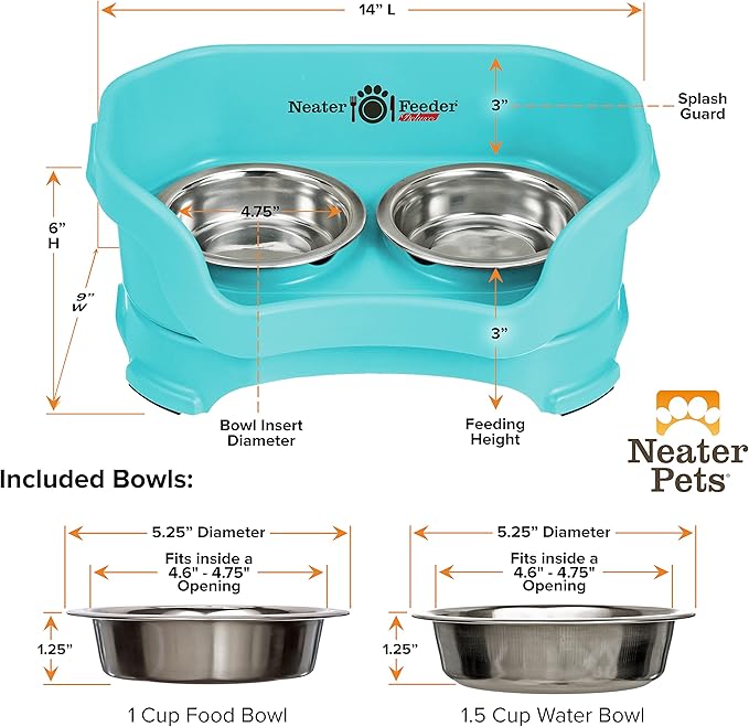 Neater Feeder Deluxe Mess Proof Cat Bowls Elevated for All Breeds – Made in USA – No Spill Raised Bowls for Indoor Cats – Stainless Steel Food and Water Bowl Set, Pet Dish Feeding Station, Aquamarine-PawvioPets