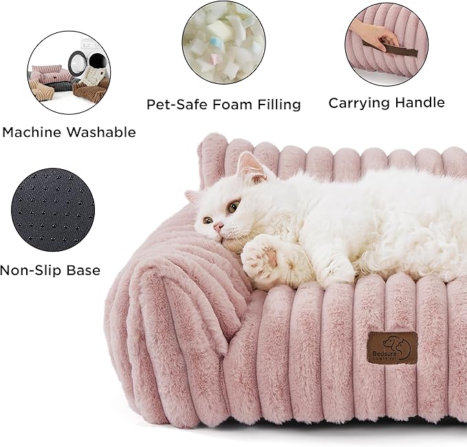 Bedsure Cute Cat Couch for Pets - Fluffy Small Dog Sofa with Premium Soft Corduroy Fleece, Pet Sofa with Removable Washable Cover, Supportive Dog Couch Bed for Small Medium Dogs, 30inch, Blush Pink-PawvioPets