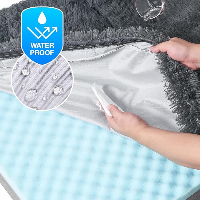 EHEYCIGA Foldable L Dog Bed, Faux Fur Fluffy Dog Couch Bed, Orthopedic Calming Memory Foam L Pet Bed for Large Dogs, Washable Soft Warm Pet Sofa Bed with Non-Slip Bottom, Dark Grey, 40"x30"x6"-PawvioPets