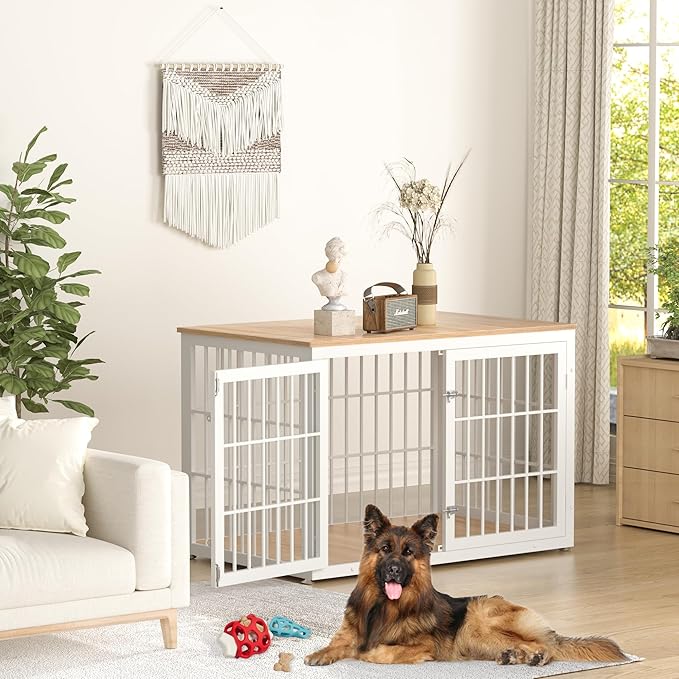 48 Inch Heavy Duty Dog Crate Furniture for Large Dogs, Decorative Pet House End Table, Extra Large Wooden Cage Kennel Furniture Indoor, Natural and White-PawvioPets